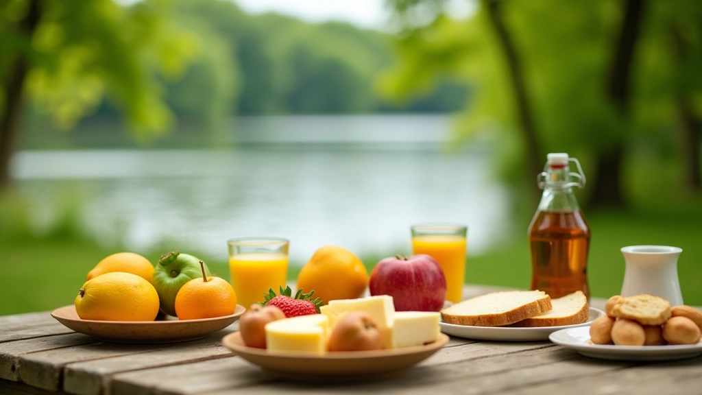 Atsklėtas piknikinis stalas prie ežero su maista, gėrimais ir žalomis